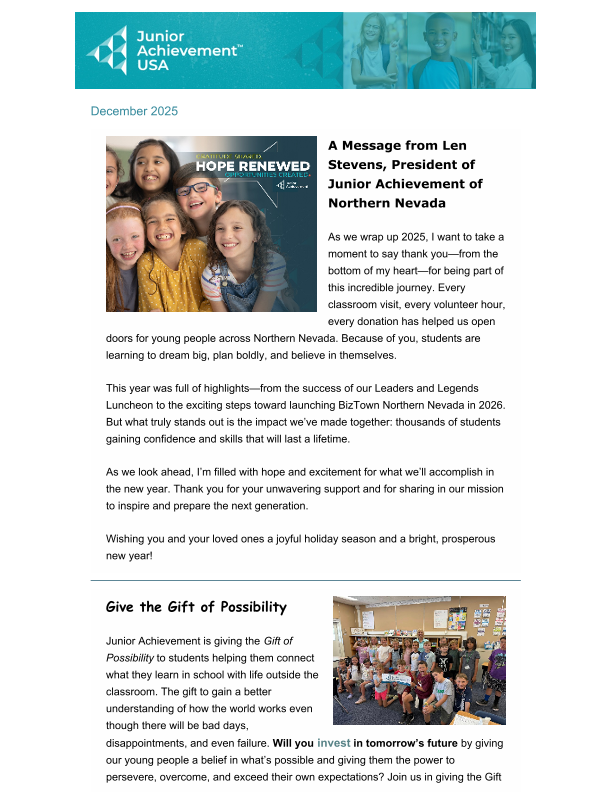 December 2025 Newsletter -- Your Support Creates Lifelong Impact
